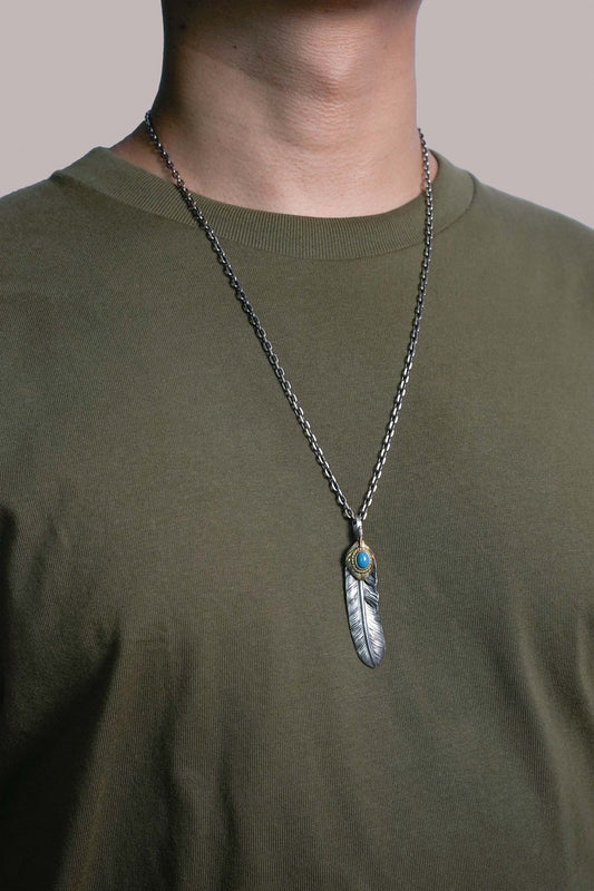Left Feather Leaf Retro 925 Silver Goro Takahashi Pendant with Blue Turquoise