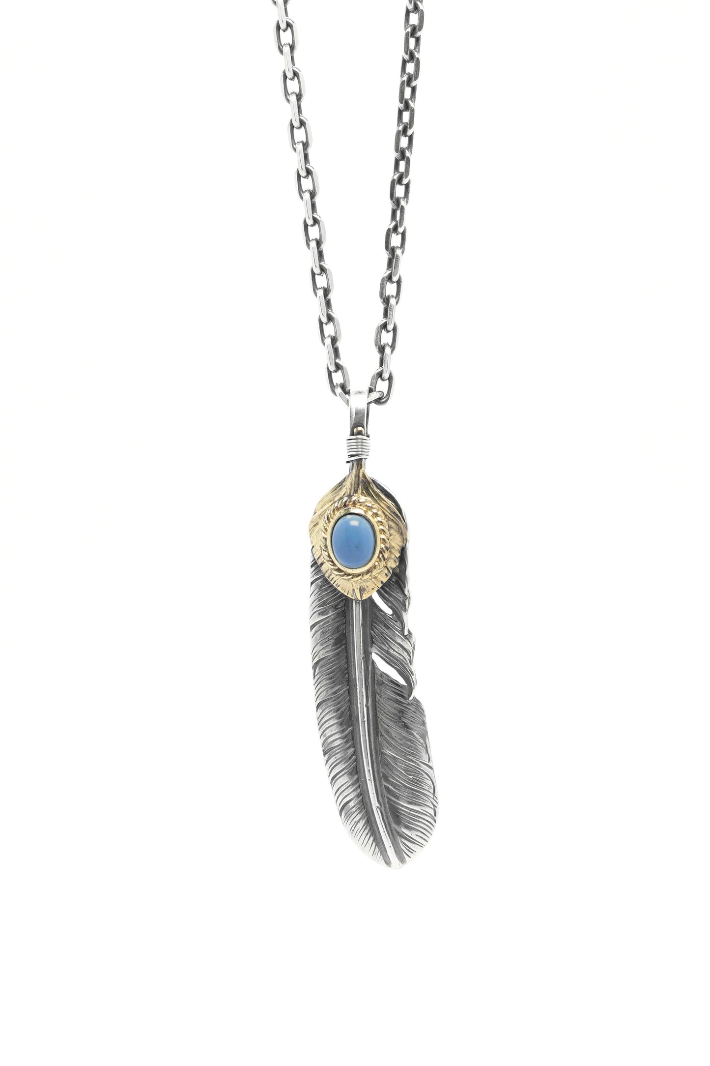 Left Feather Leaf Retro 925 Silver Goro Takahashi Pendant with Blue Turquoise