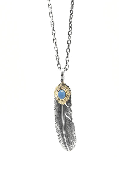 Left Feather Leaf Retro 925 Silver Goro Takahashi Pendant with Blue Turquoise