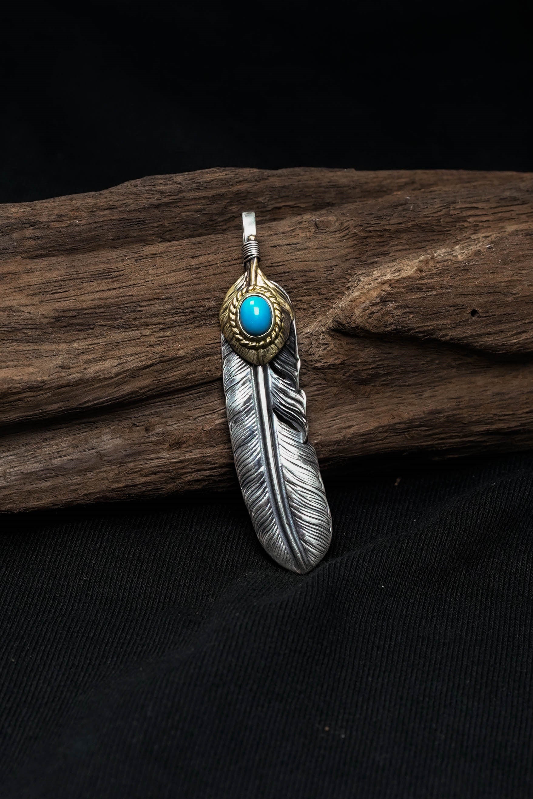 Left Feather Leaf Retro 925 Silver Goro Takahashi Pendant with Blue Turquoise