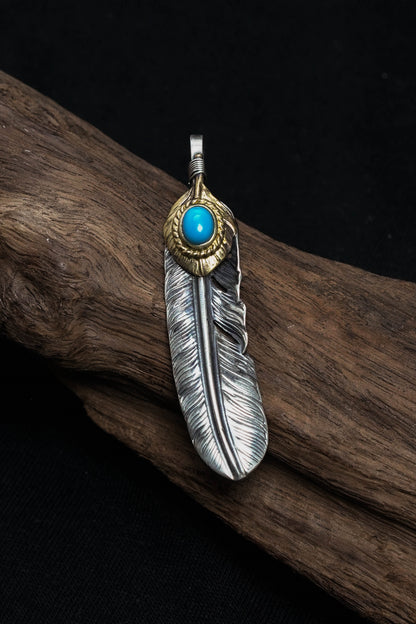 Left Feather Leaf Retro 925 Silver Goro Takahashi Pendant with Blue Turquoise