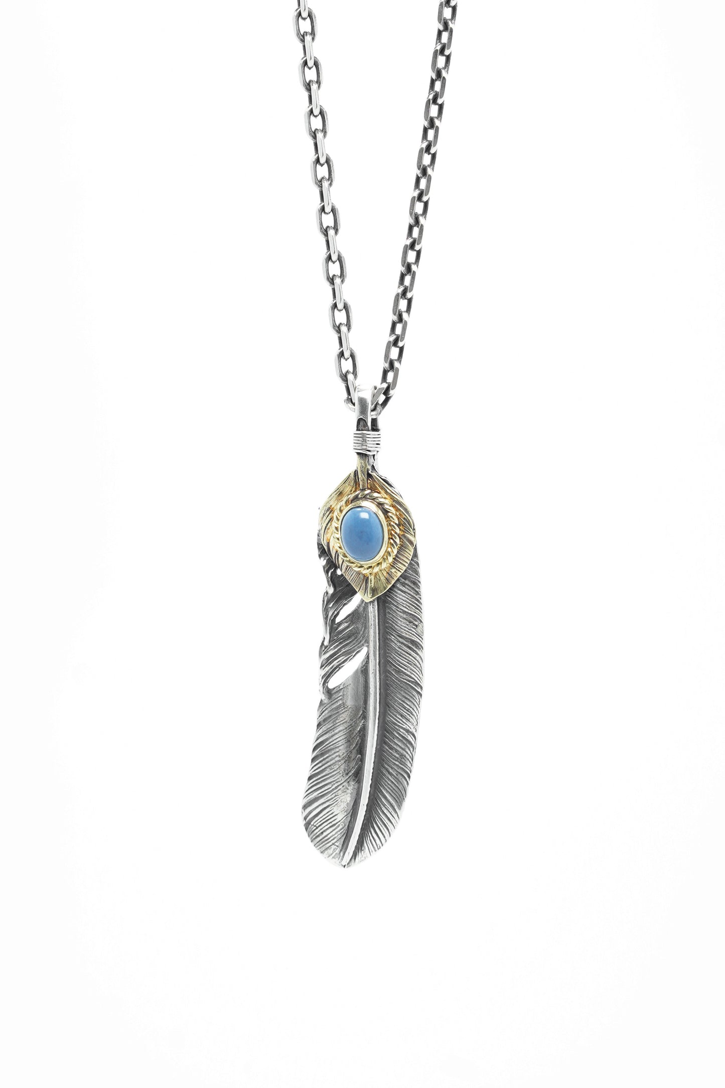Right Feather Leaf Retro 925 Silver Goro Takahashi Pendant with Turquoise