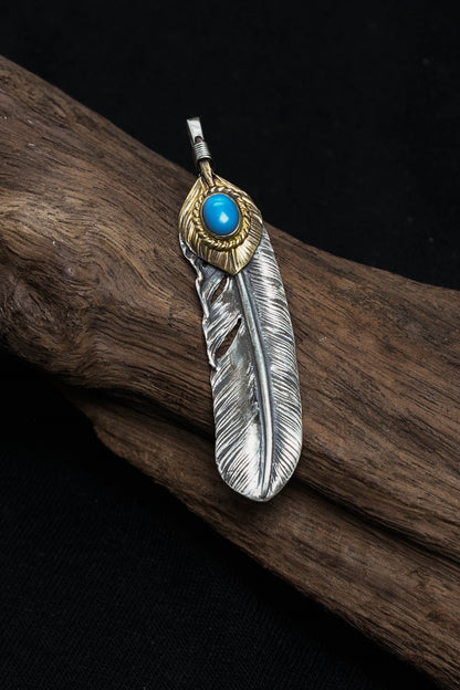 Right Feather Leaf Retro 925 Silver Goro Takahashi Pendant with Turquoise