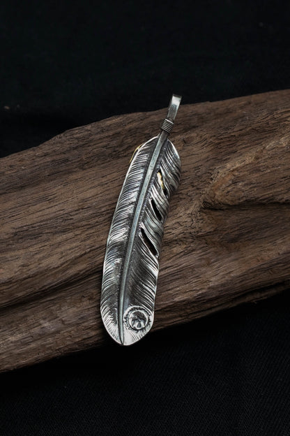 Right Feather Leaf Retro 925 Silver Goro Takahashi Pendant with Turquoise