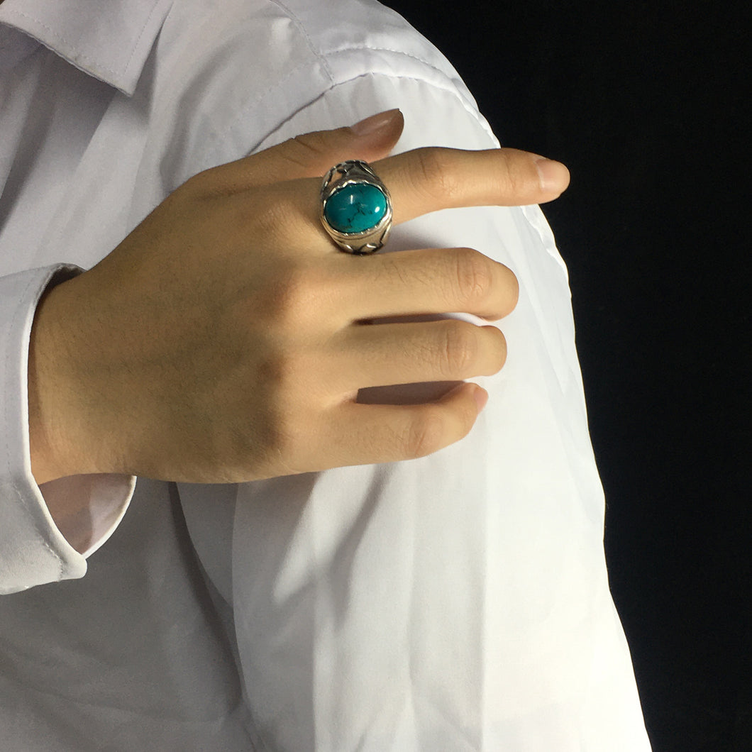Sterling Silver Genuine Boho Oval Turquoise Ring