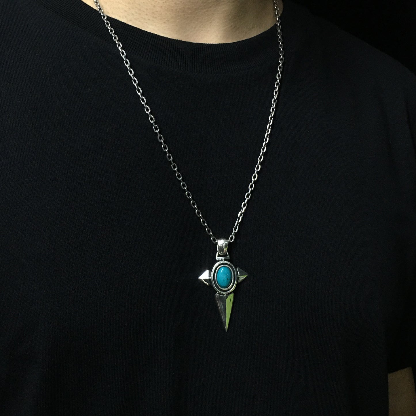 Oval Turquoise Stone Handmade Sterling Silver Cross Pendant