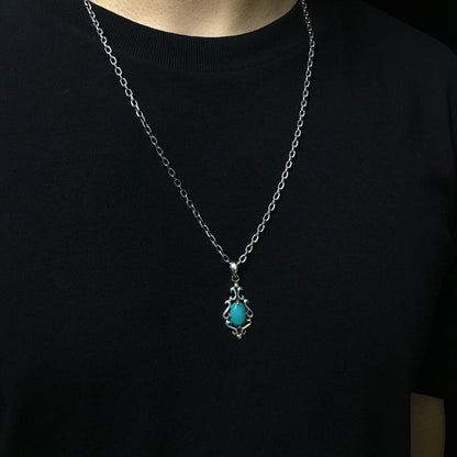 Floral Pattern Sterling Silver Oval Turquoise Pendant