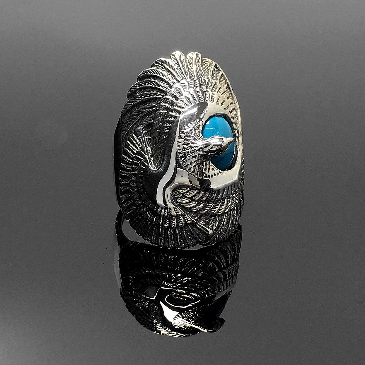 Vintage Sterling Silver Turquoise Ring Geometric Carved Eagle Wings Titanium Rings