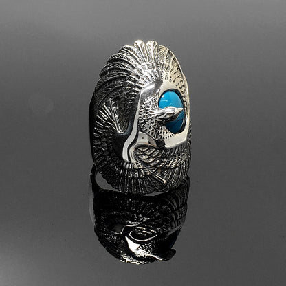 Vintage Sterling Silver Turquoise Ring Geometric Carved Eagle Wings Titanium Rings