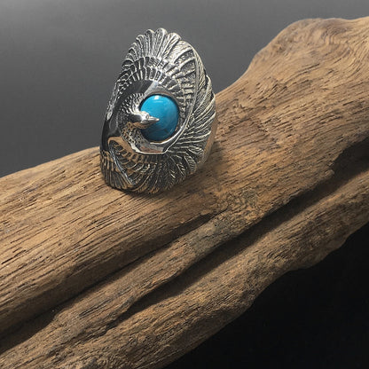 Vintage Sterling Silver Turquoise Ring Geometric Carved Eagle Wings Titanium Rings