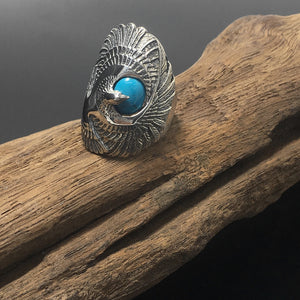 Vintage Sterling Silver Turquoise Ring Geometric Carved Eagle Wings Titanium Rings