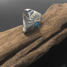 Load image into Gallery viewer, Vintage Sterling Silver Turquoise Ring Geometric Carved Eagle Wings Titanium Rings
