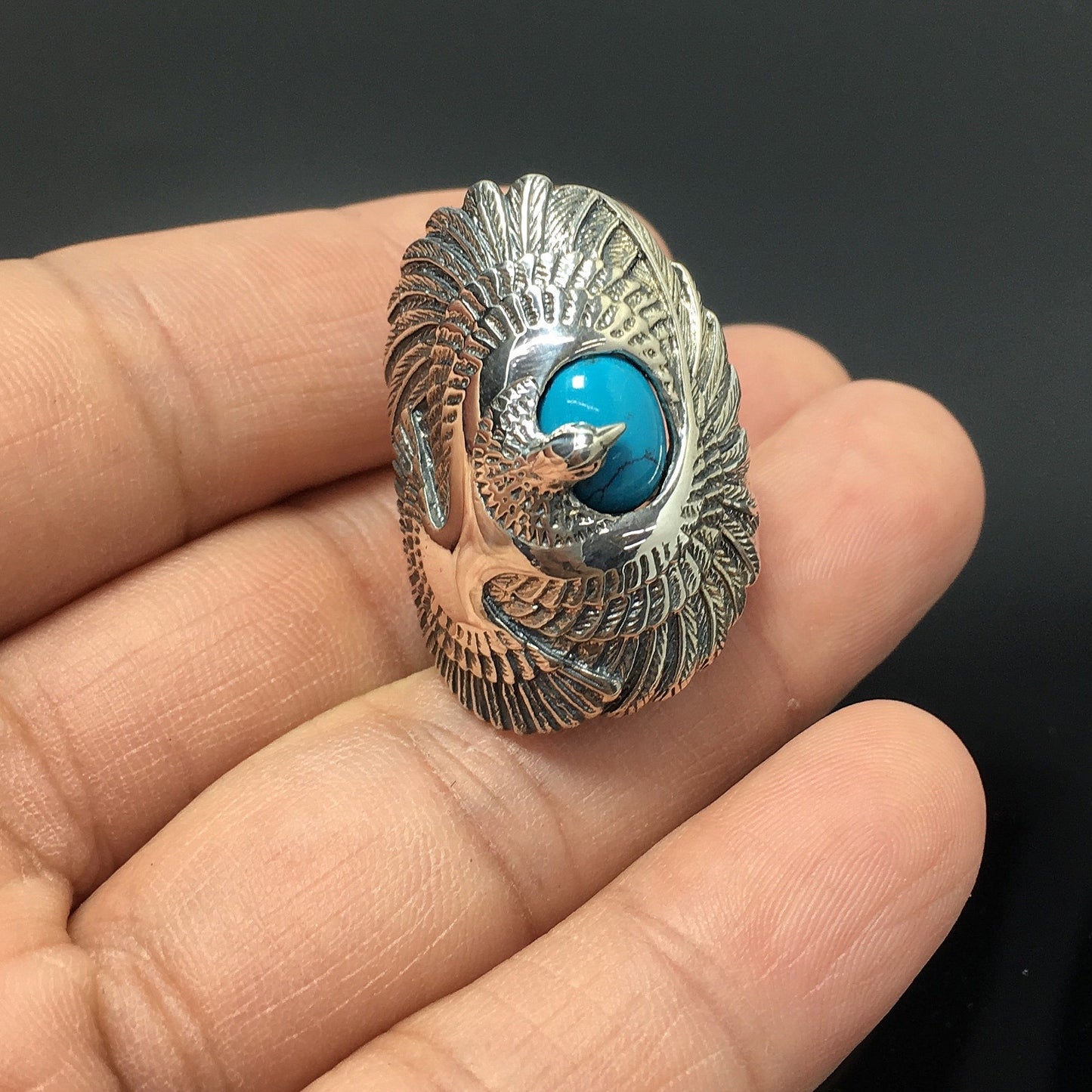 Vintage Sterling Silver Turquoise Ring Geometric Carved Eagle Wings Titanium Rings