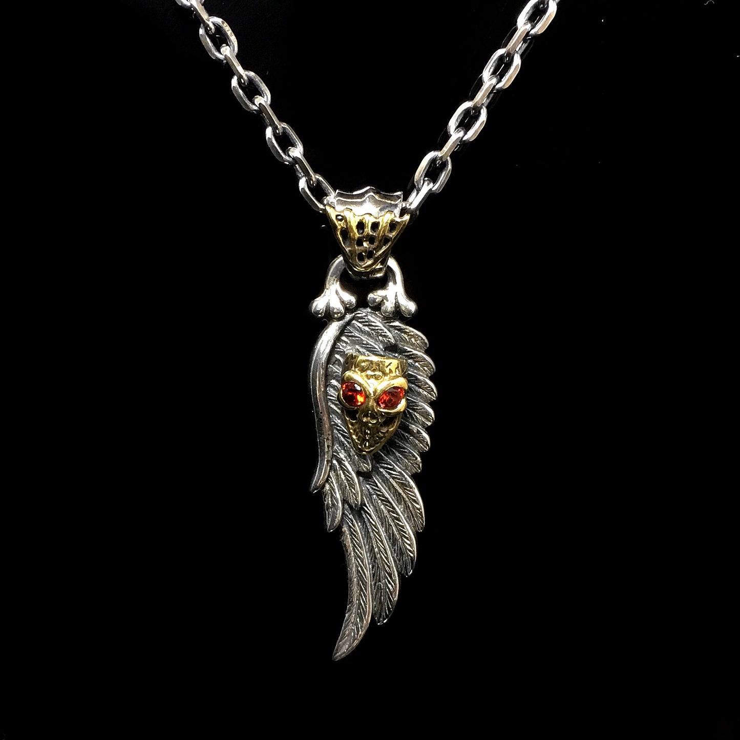 925 Sterling Silver Wing Red Eye Skull Pendant