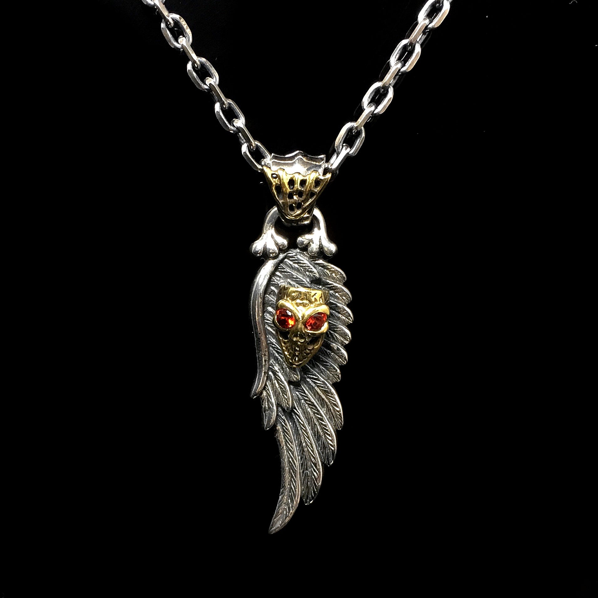 925 Sterling Silver Wing Red Eye Skull Pendant