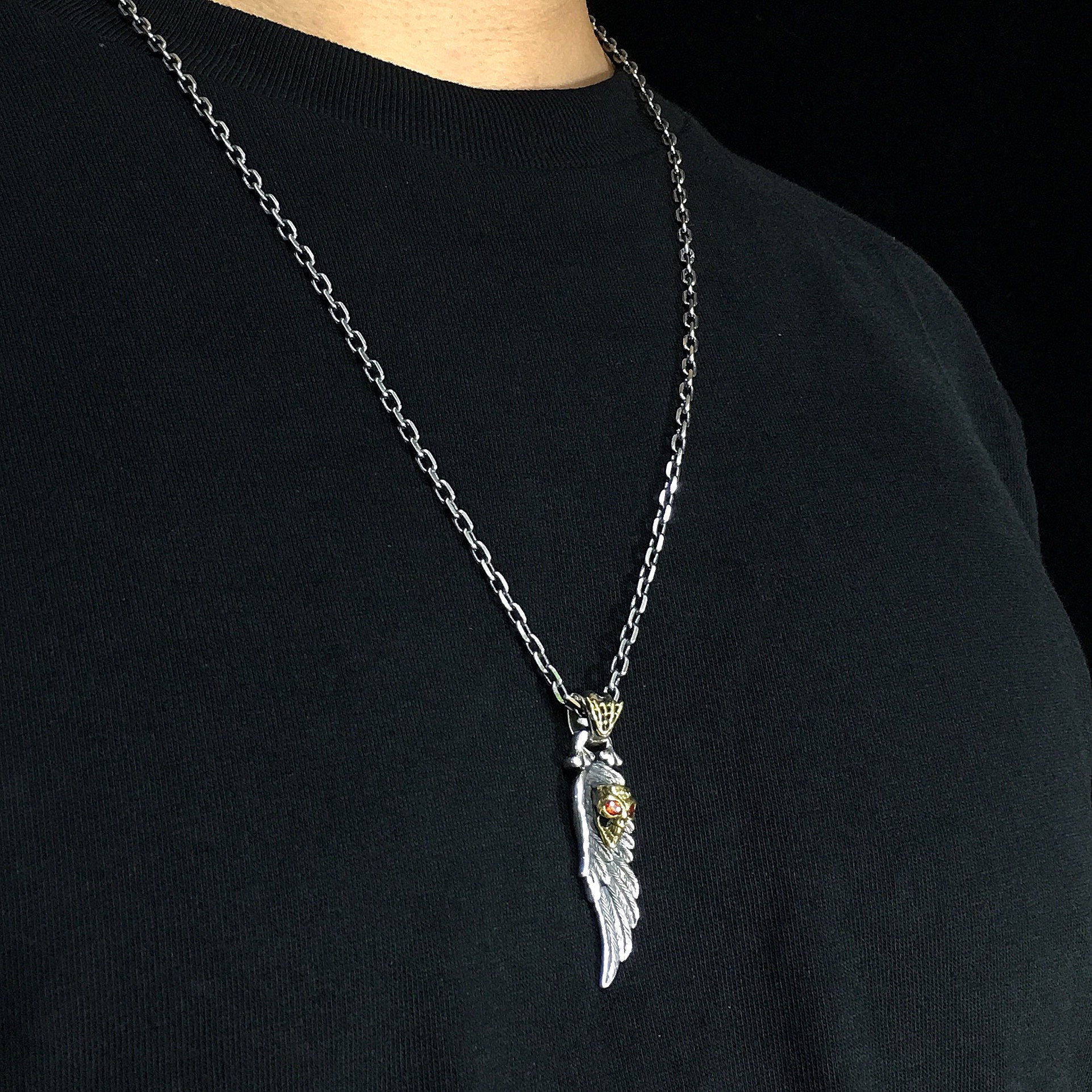 925 Sterling Silver Wing Red Eye Skull Pendant