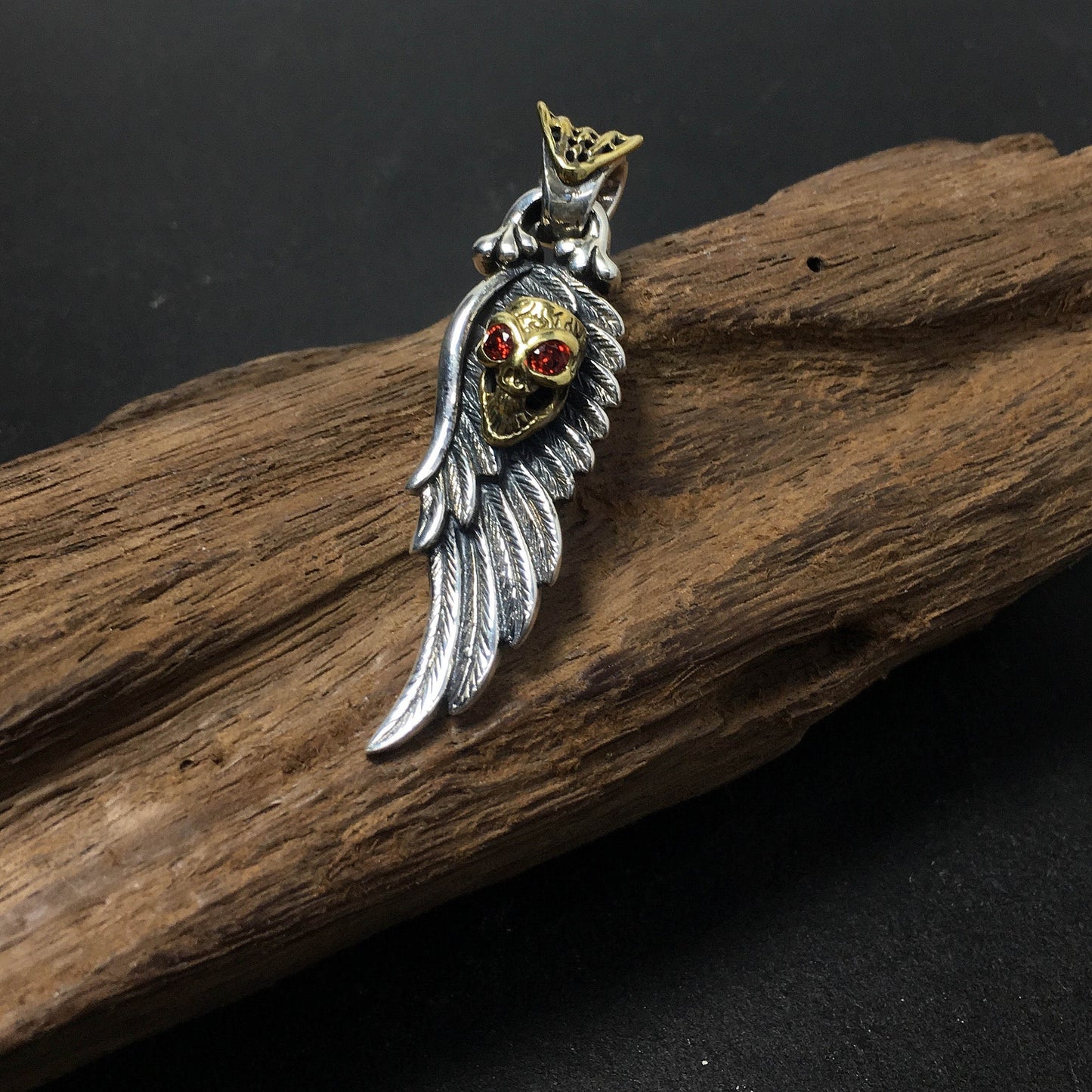 925 Sterling Silver Wing Red Eye Skull Pendant
