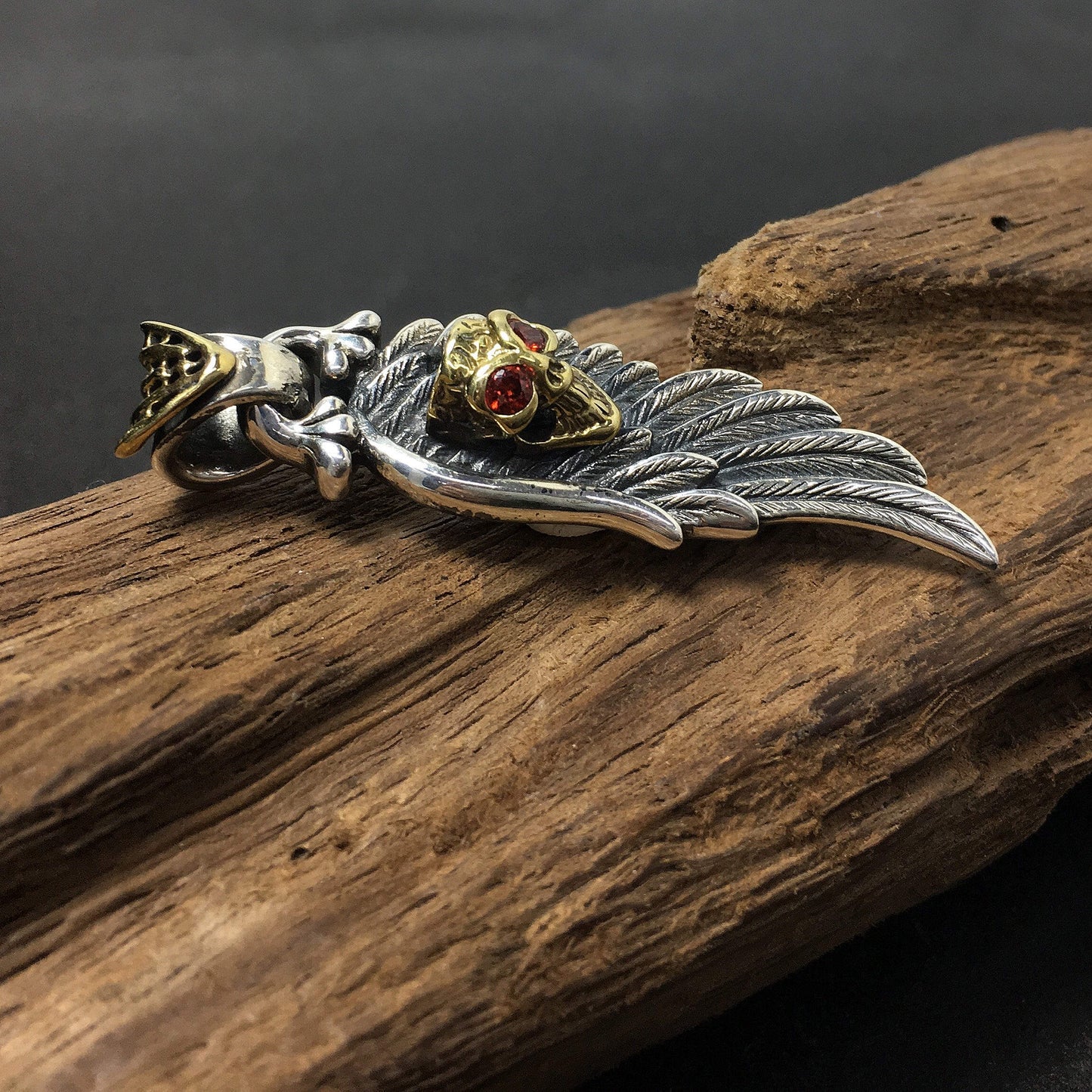 925 Sterling Silver Wing Red Eye Skull Pendant