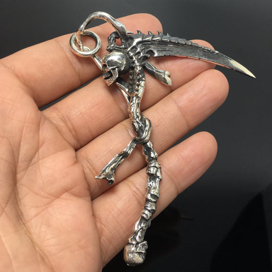 Huge Heavy 925 Sterling Silver Grim Reaper Skull Sickle Scythe Men's Pendant