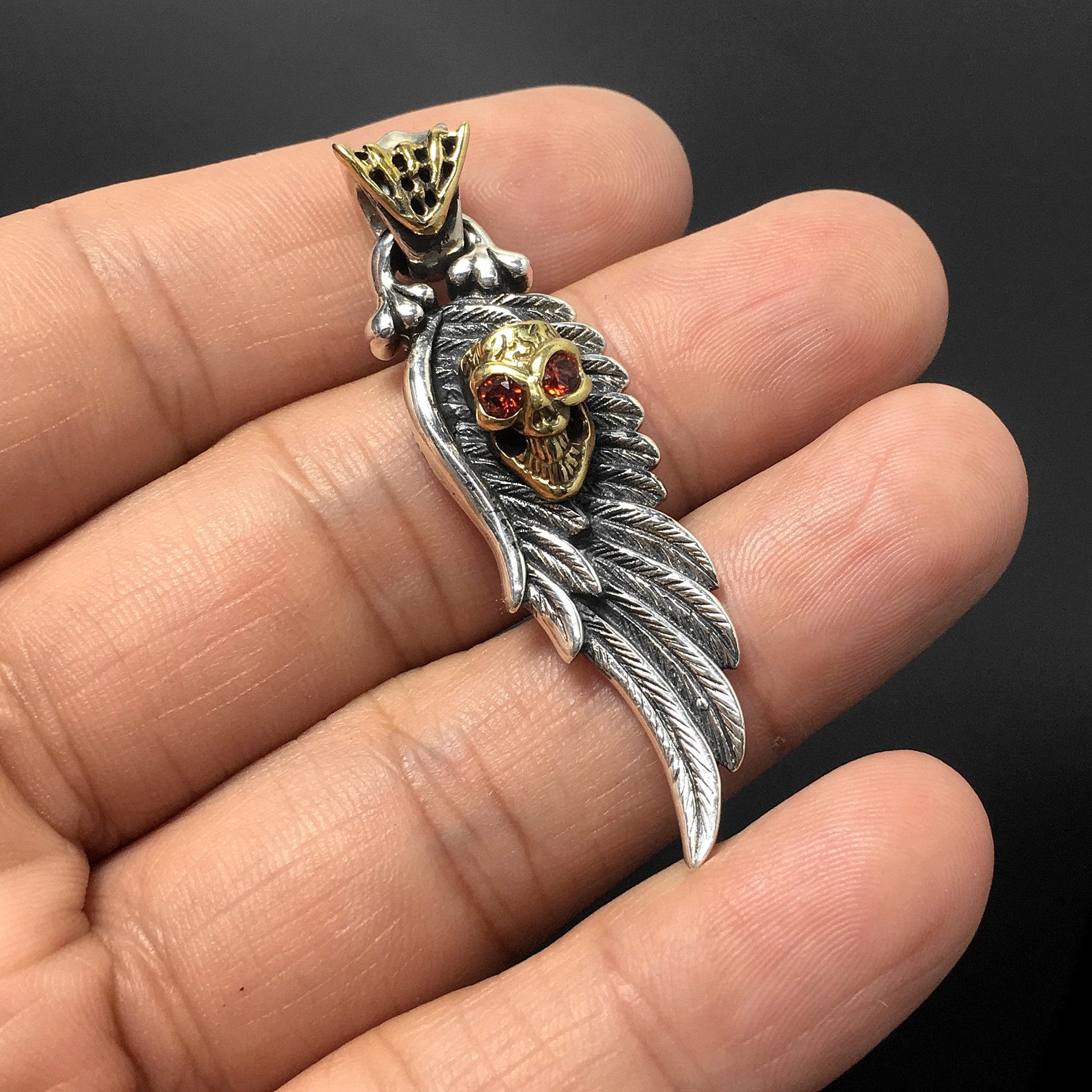 925 Sterling Silver Wing Red Eye Skull Pendant