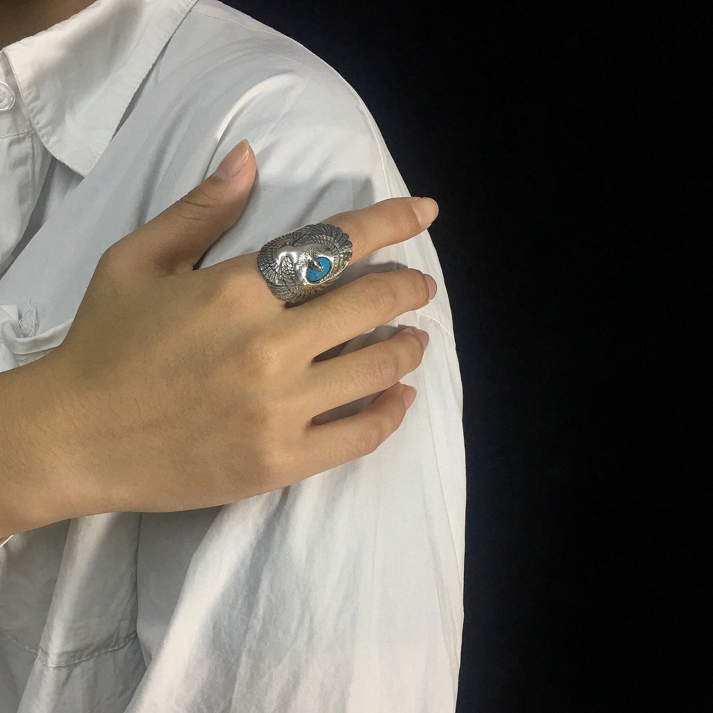 Vintage Sterling Silver Turquoise Ring Geometric Carved Eagle Wings Titanium Rings