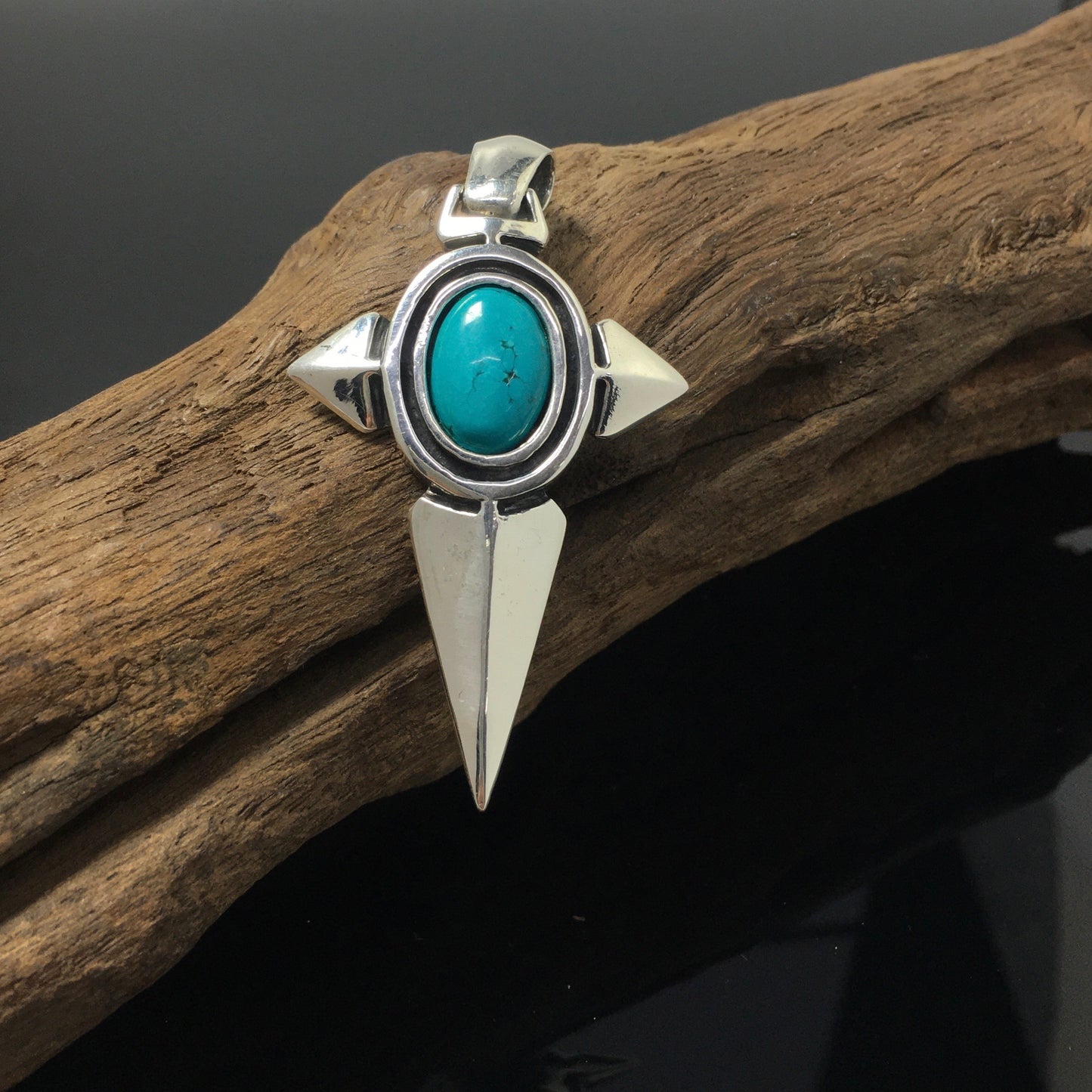 Oval Turquoise Stone Handmade Sterling Silver Cross Pendant