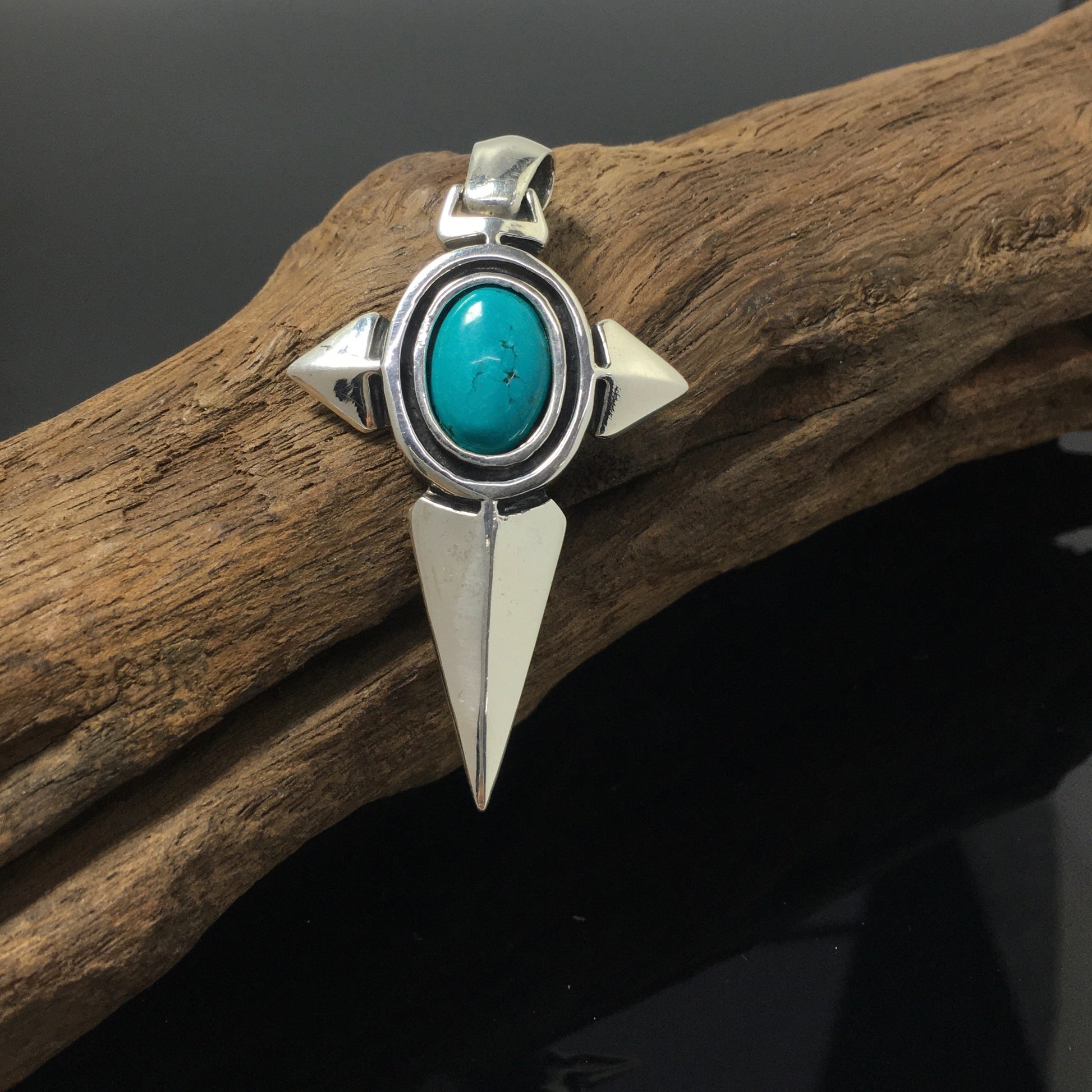 Oval Turquoise Stone Handmade Sterling Silver Cross Pendant