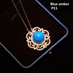 S925 Silver Natural Blue Amber Pendant ABDJ-P040