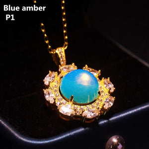 S925 Silver Natural Blue Amber Pendant ABDJ-P030