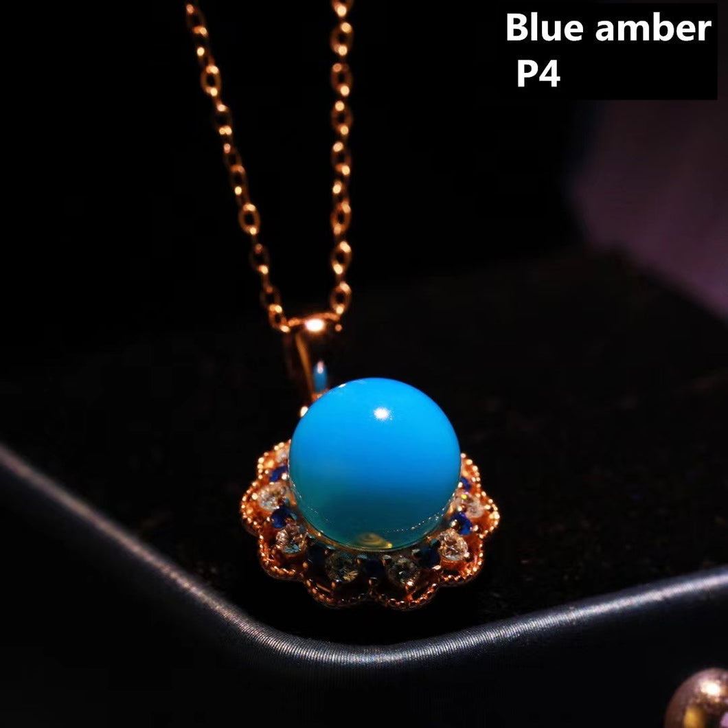 S925 Silver Natural Blue Amber Pendant ABDJ-P033