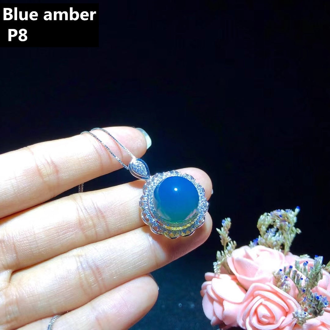 S925 Silver Natural Blue Amber Pendant ABDJ-P037