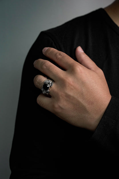 Double Snake Black Onyx 925 Sterling Silver Retro Ring