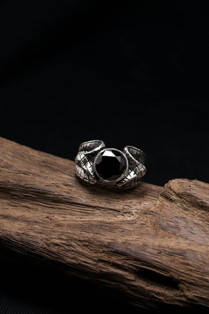 Double Snake Black Onyx 925 Sterling Silver Retro Ring