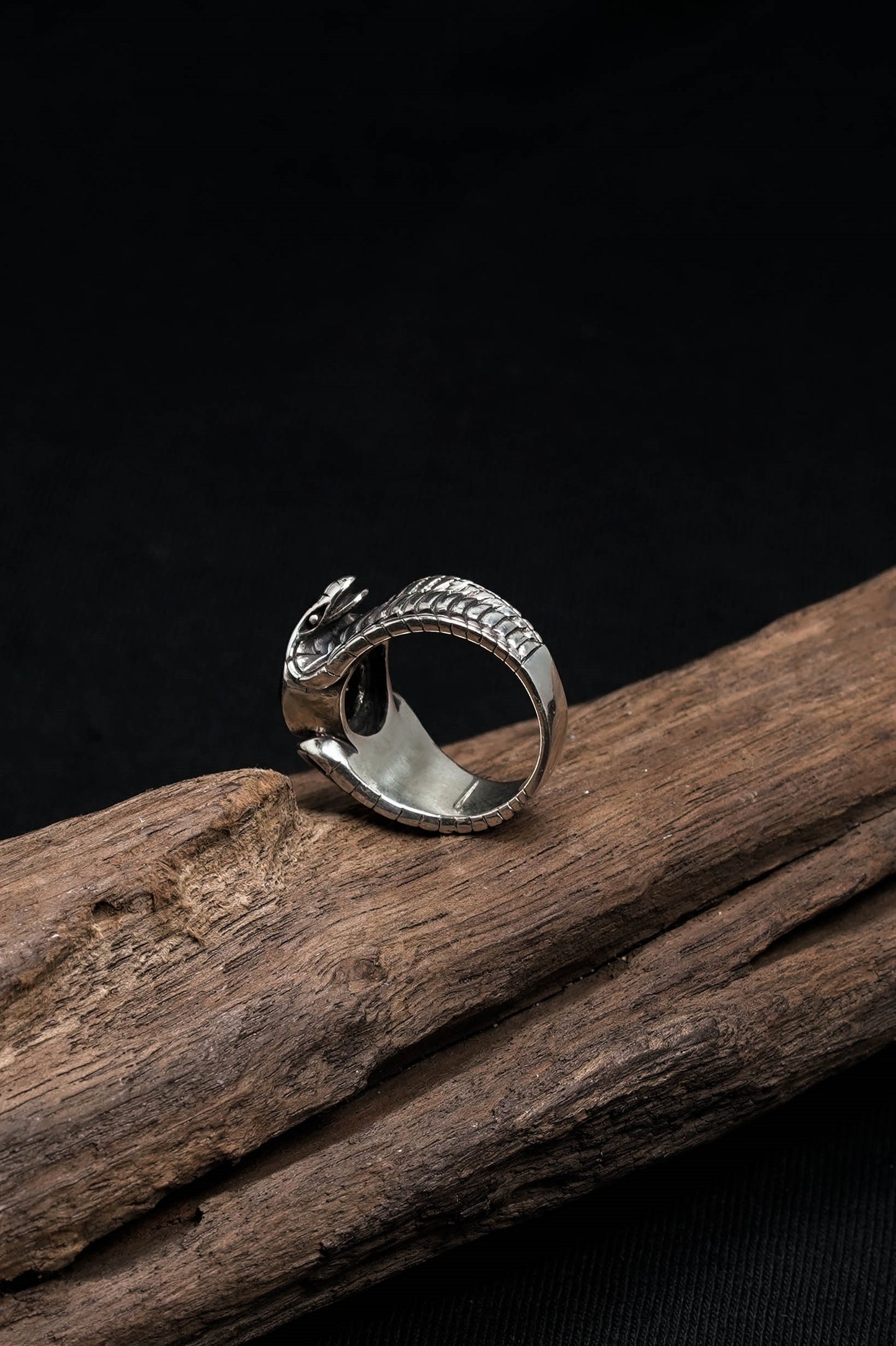 Double Snake Black Onyx 925 Sterling Silver Retro Ring