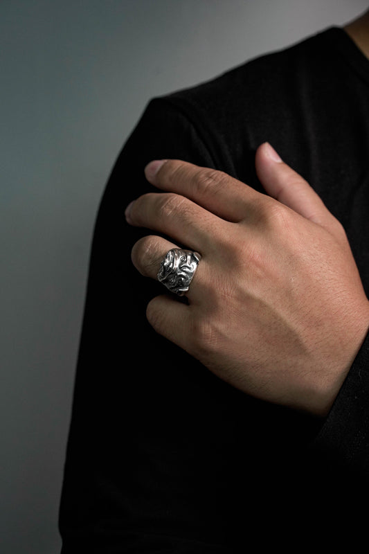 Pit Bull Dog Pug Head Animal Face Ring Retro 925 Sterling Silver