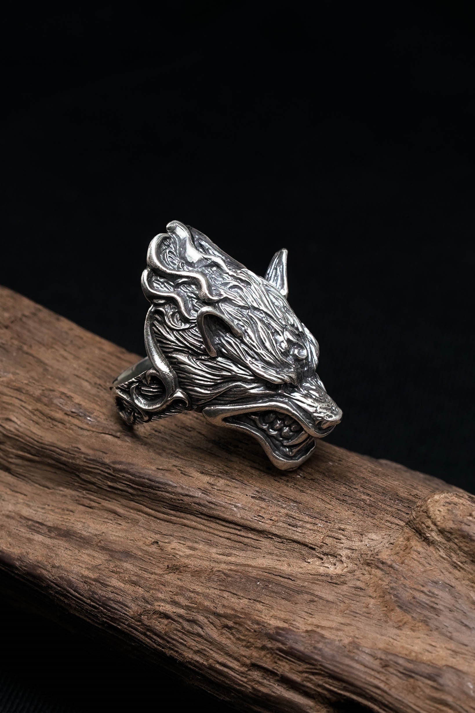 925 Sterling Silver Retro Wolf Head Ring