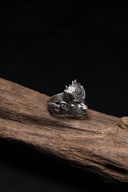 Retro Skeleton Wolf Totem Man Silver Ring