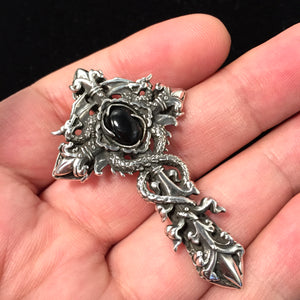 Antique Black Onyx Cross 925 Silver Pendant