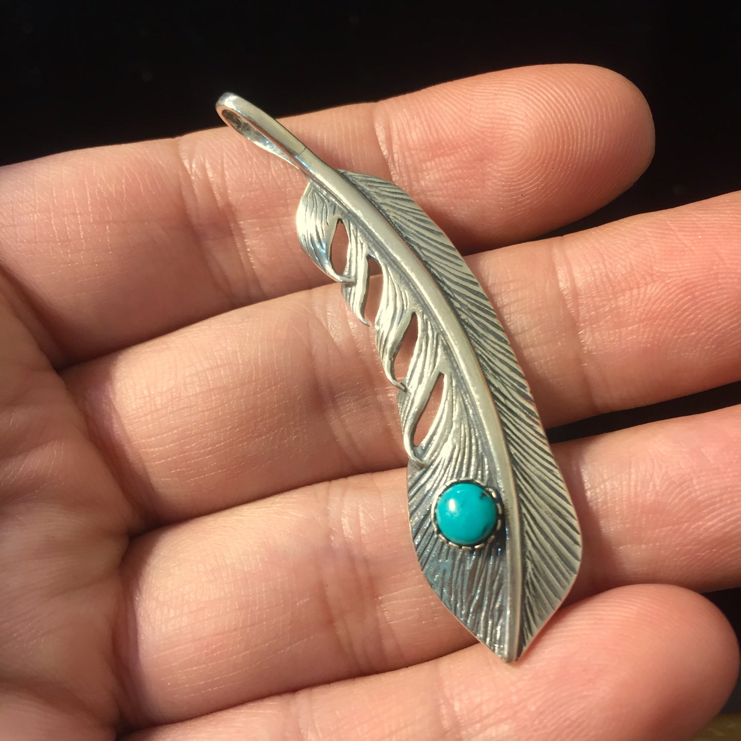 Feather Leaf Retro 925 Silver Goro Takahashi Pendant with Turquoise