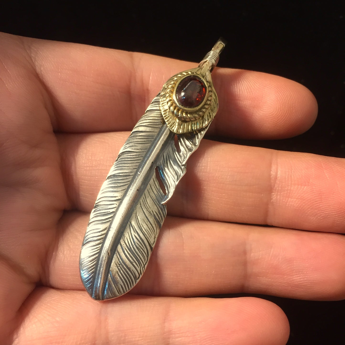 Left Feather Leaf Retro 925 Silver Goro Takahashi Pendant with Brass Red CZ