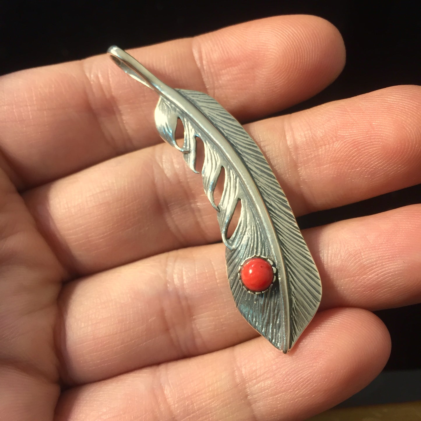 Feather Leaf Retro 925 Silver Goro Takahashi Pendant with Red Turquoise