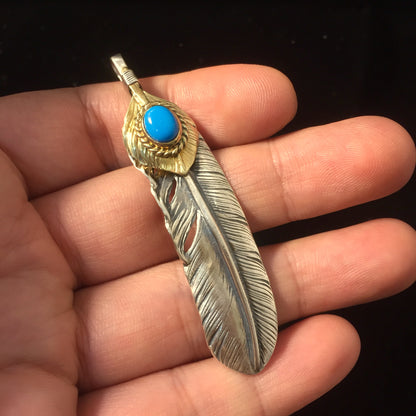 Right Feather Leaf Retro 925 Silver Goro Takahashi Pendant with Turquoise