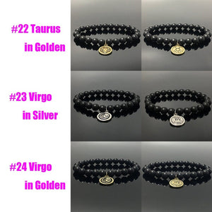 Matted Black Onyx Beads Zodiac Bracelet Horoscope Charm Stretchy Gemstone Bracelet Celestial Astrology Constellation Jewelry Birthstone Gift