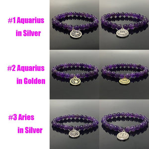 Purple Amethyst Bead Zodiac Bracelet Horoscope HD Charm Stretchy Gemstone Bracelet Celestial Astrology Constellation Jewelry