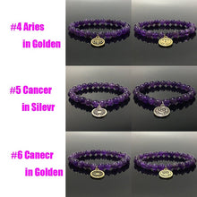 Load image into Gallery viewer, Purple Amethyst Bead Zodiac Bracelet Horoscope HD Charm Stretchy Gemstone Bracelet Celestial Astrology Constellation Jewelry
