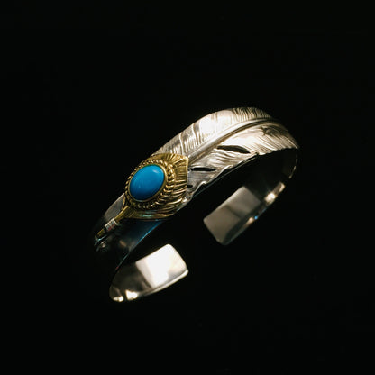 Japan Takahashi Goro Feather Turquoise Beads Silver Bangle Bracelet Diameter 48x65mm Width 12mm Hip Hop Style Sterling 925 Silver Bangle