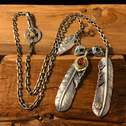 Japan Takahashi Goro Feather Bird Necklace Set Two Feathers 66x14mm Red Corundum 5x7mm Retro Sterling 925 Silver Hip Hop style Necklace