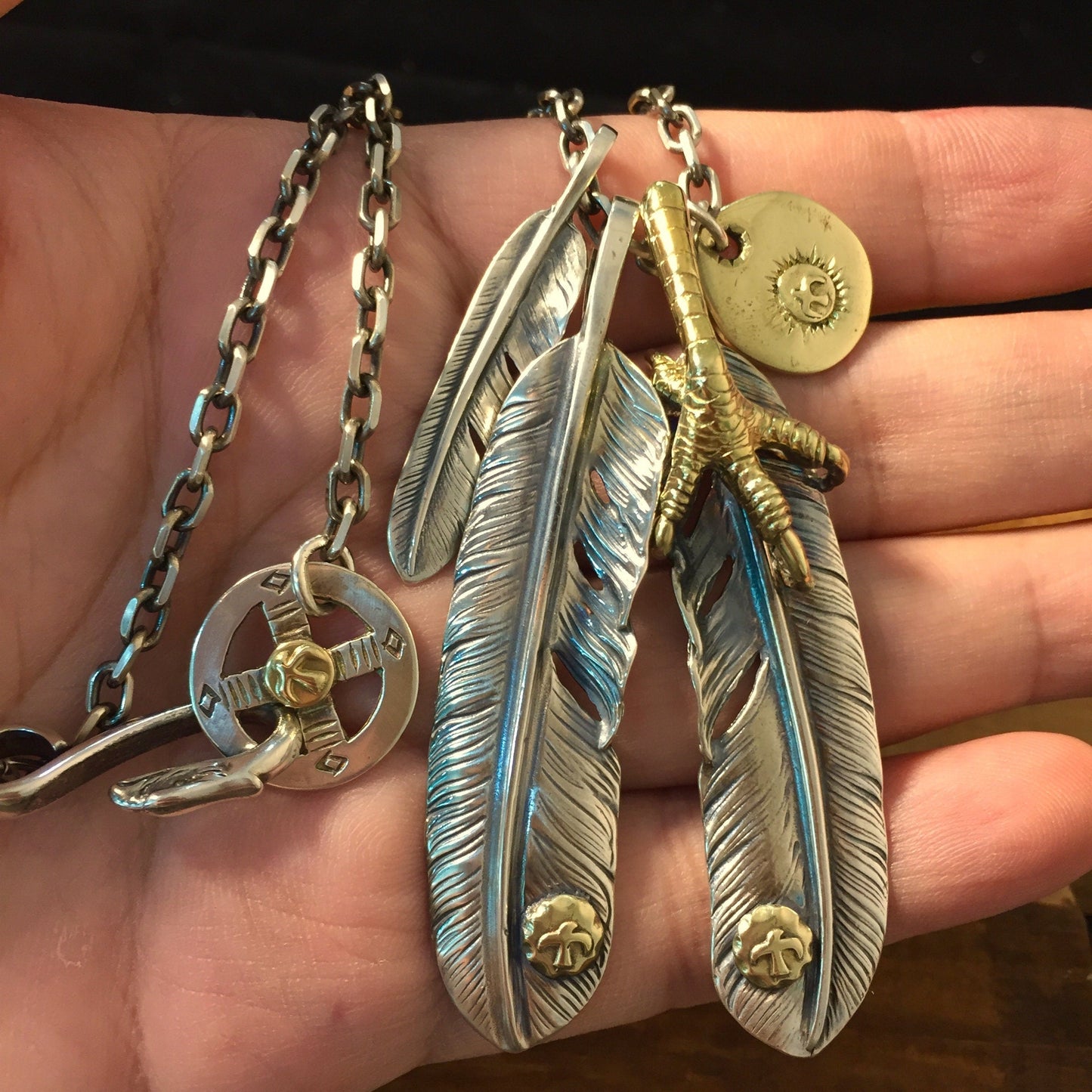 Japan Takahashi Goro Feather Bird Necklace Set Two Big Feather 66x14mm Small Feather 7x40mm Retro Sterling 925 Silver Hip Hop style Necklace