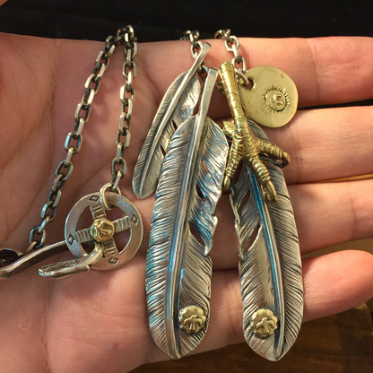 Japan Takahashi Goro Feather Bird Necklace Set Two Big Feather 66x14mm Small Feather 7x40mm Retro Sterling 925 Silver Hip Hop style Necklace