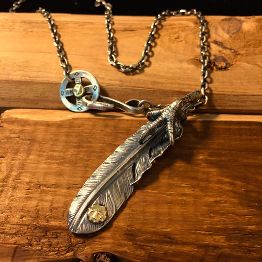 Japan Takahashi Goro Feather Bird Necklace Set Left Feather 66x14mm Necklace 65cm Retro Sterling 925 Silver Hip Hop style Fashion Necklace